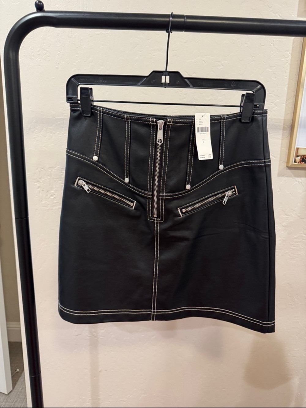 Anthropologie Black Faux Leather Mini Skirt with Contrast Stitching